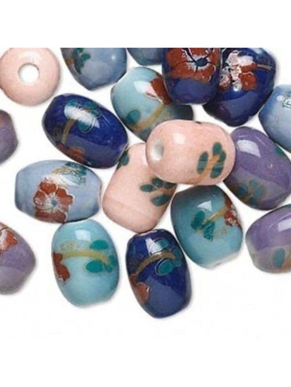 Mixed Color Handmade 14x8mm Oval Porcelain Beads with Flowers 10 pcs
